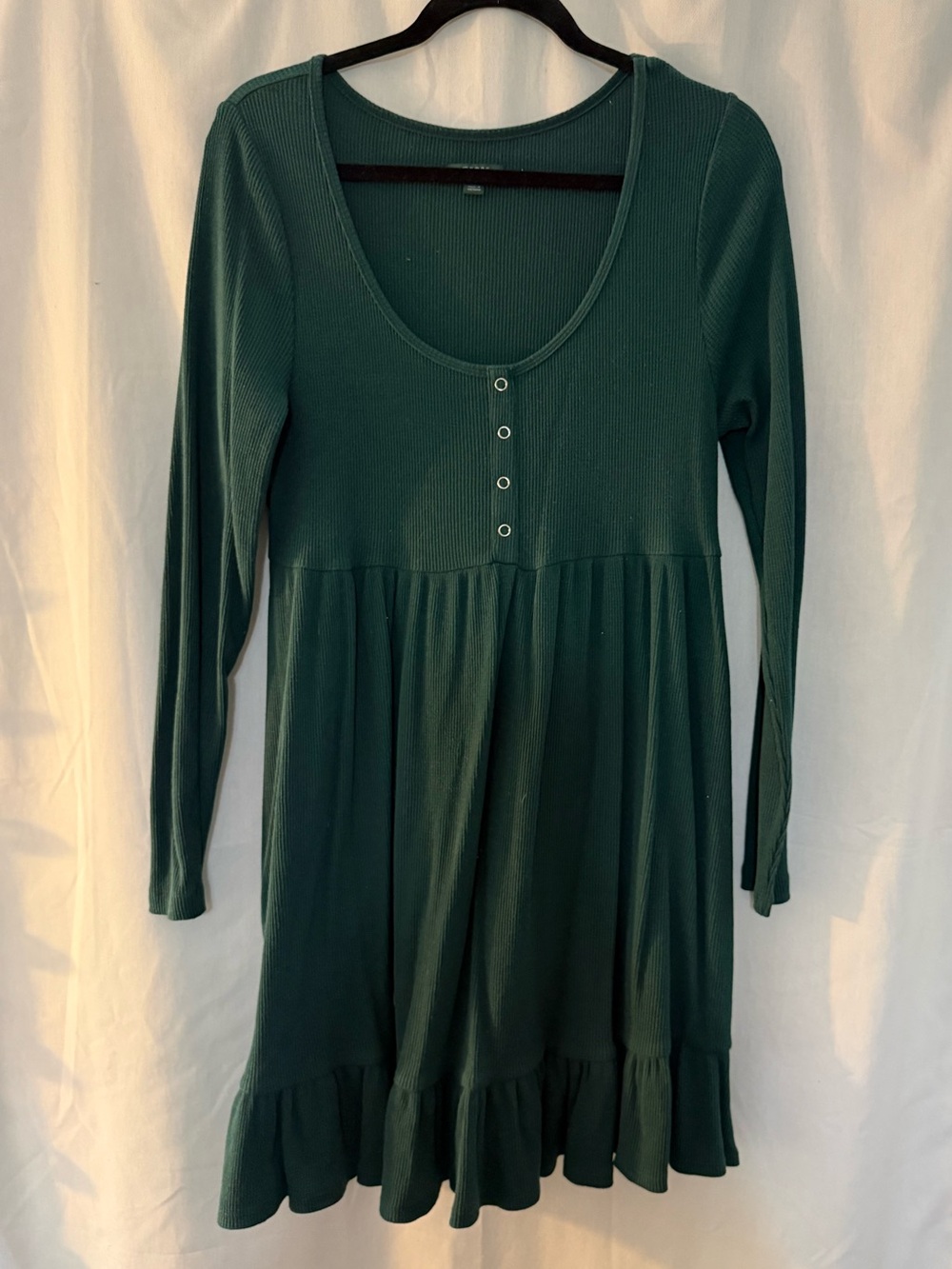 Wild Fable Forest Green Ribbed Long Sleeve Scoop-Neck Babydoll Dress